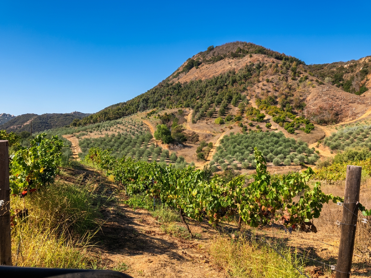 Tiny Tank vineyard at the foot of a sunlit California hillside